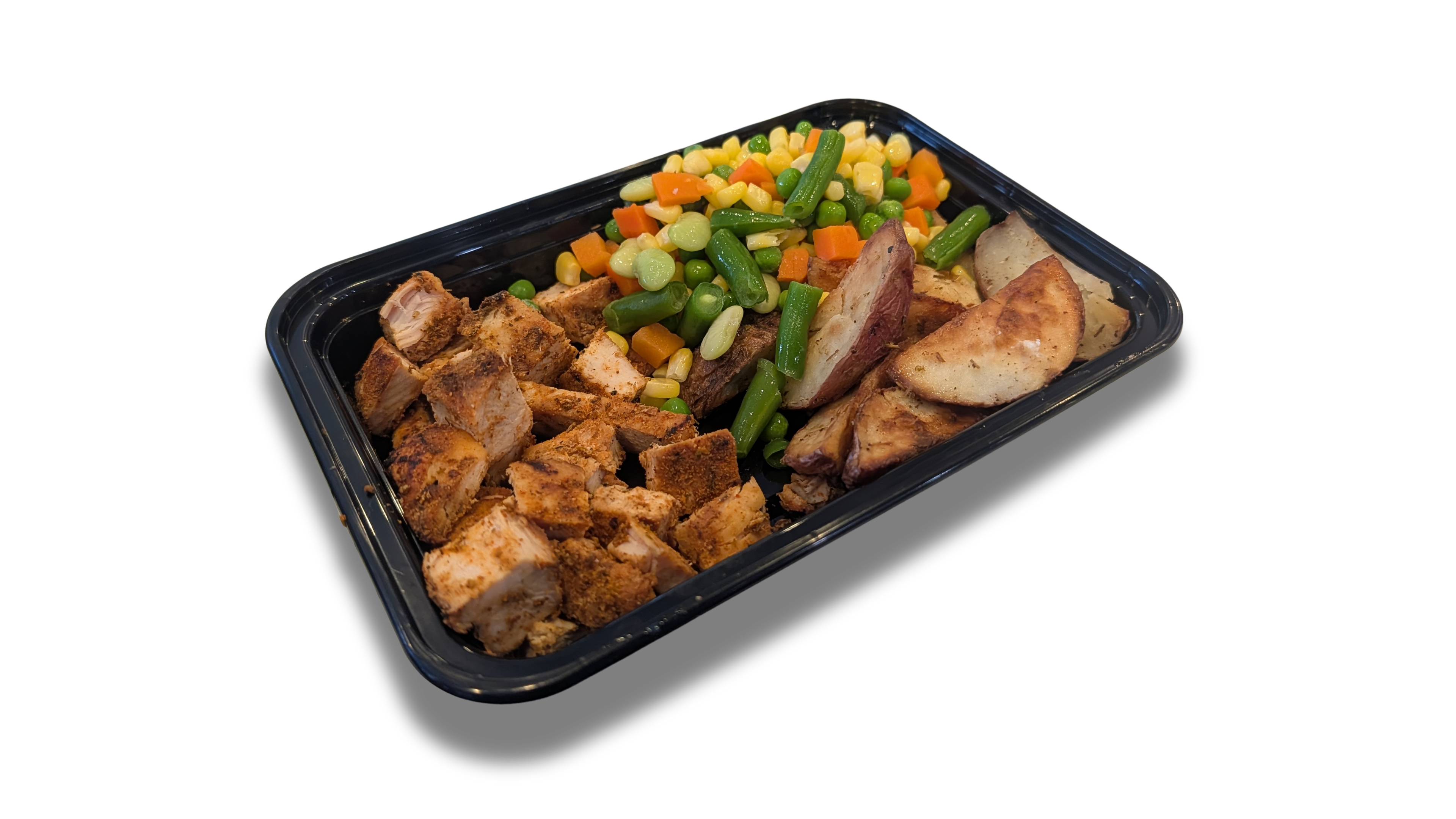 4oz Blackened Chicken Breast 4oz Roasted Potatoes 1 Cup of Veggie Medley