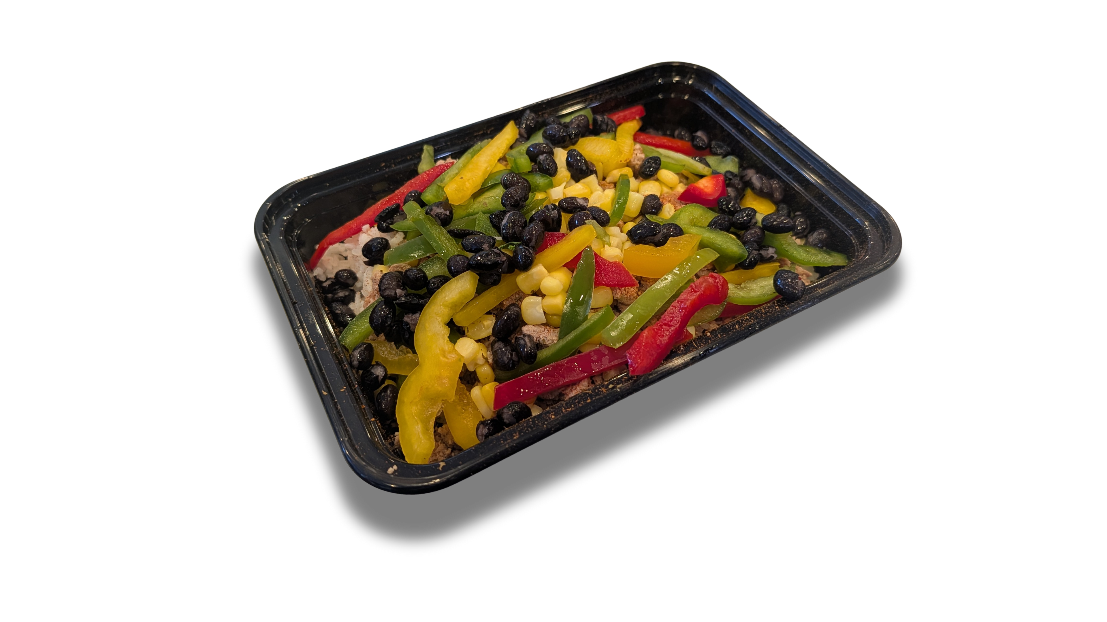 Taco Bowl Ground Turkey, White Rice, Black Beans, Corn, Bell Peppers,